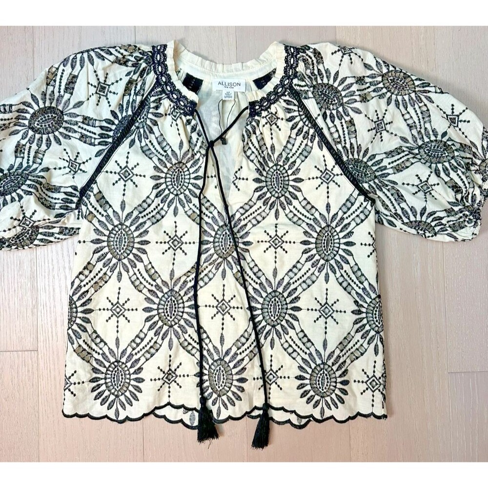 Embroidered Peasant Blouse Boho Summer Coastal Cotton Puff Sleeve Allison NY S